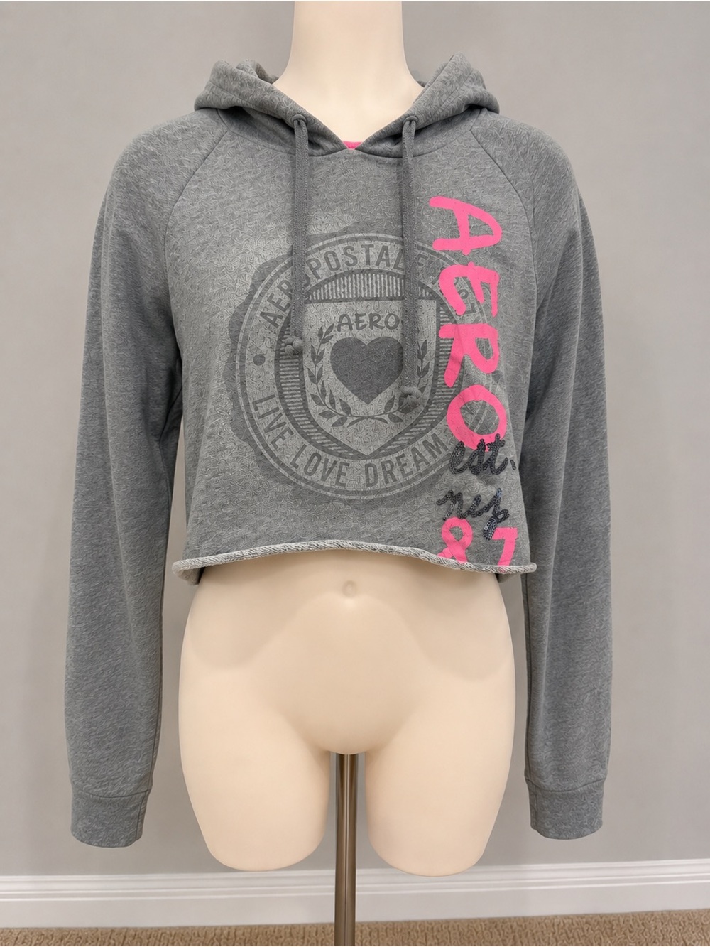 Y2K Aéropostale Cropped Hoodie Gray & Pink size Xs Early-mid 2000s
